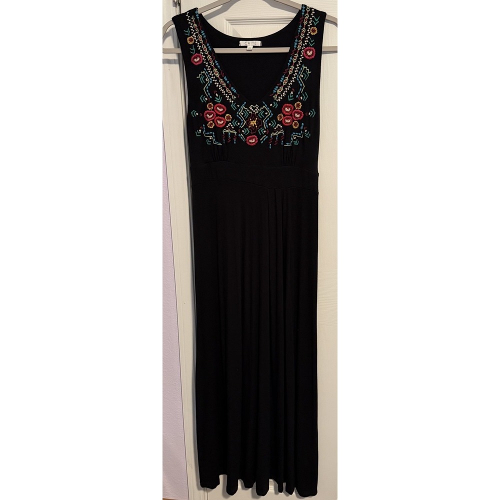 Caite Anthropologie Maxi Dress Black Embroidered Sleeveless Boho Jersey Comfy‎ S